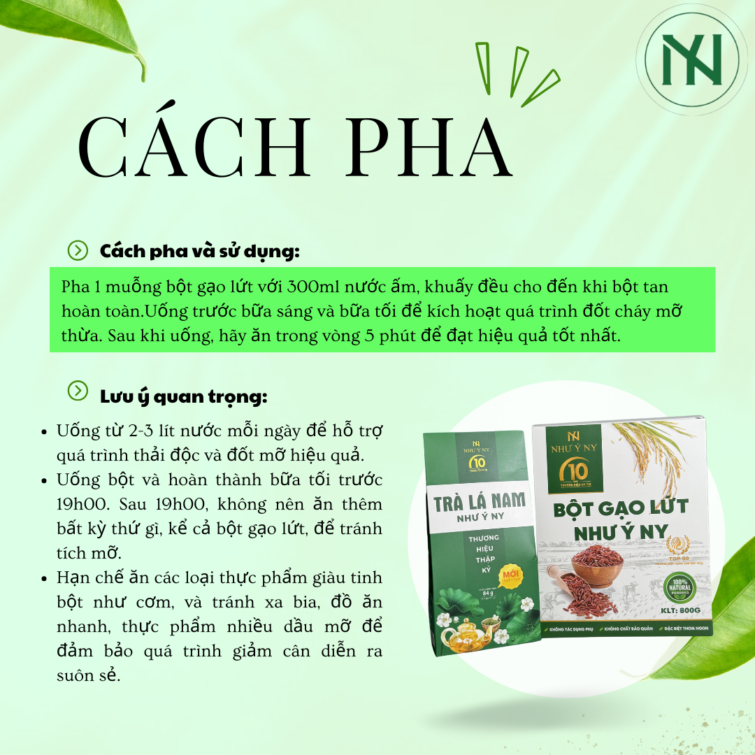 Hướng dẫn sử dụng combo bột gạo lứt như ý ny và trà lá nam